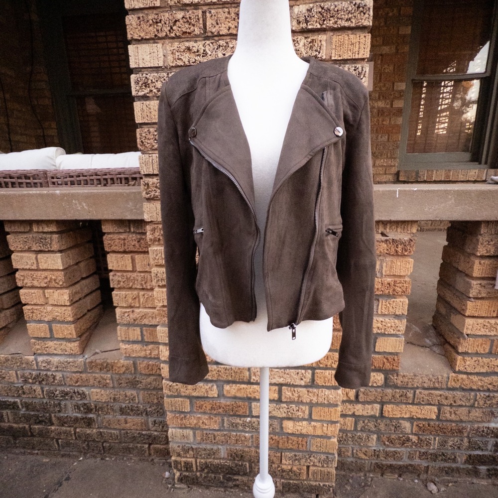 Fate Faux Suede Moto Jacket Olive Brown Asymmetrical Zip Small NWT
